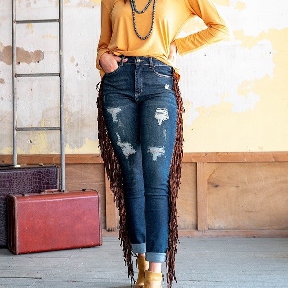 Denim Fringe Jeans - Picture 1 of 3